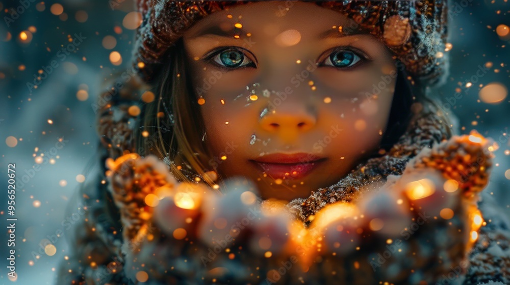 A young girl with sparkling blue eyes holds her hands out in the winter snow. A young girl with sparkling blue eyes holds her hands out in the winter snow.