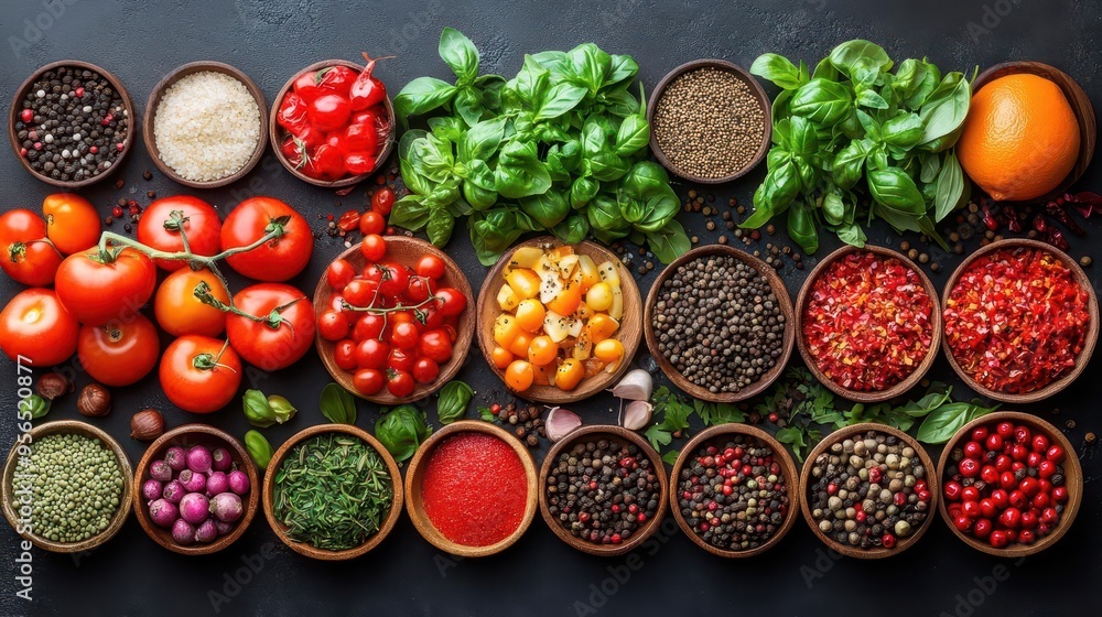 aerial view of colorful ingredients artfully arranged negative space for recipe fresh produce spices and kitchen tools create visually striking culinary composition aerial view of colorful ingredients artfully arranged negative space for recipe fresh produce spices and kitchen tools create visually striking culinary composition