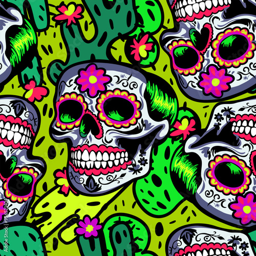 Vector seamless pattern with mexican skulls and cacti