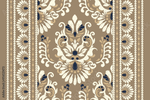 Carpet pattern.Ikat floral paisley pattern on brown background vector illustration.design for texture,fabric,clothing,decoration,carpet print.