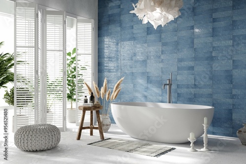 Valokuva Luxurious bathroom interior with white bathtub, blue marble walls, and additional accent pieces to heighten the feeling of coziness, hanging chandelier