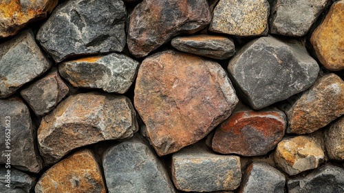 Textured stone wall made of various rocks in earthy tones