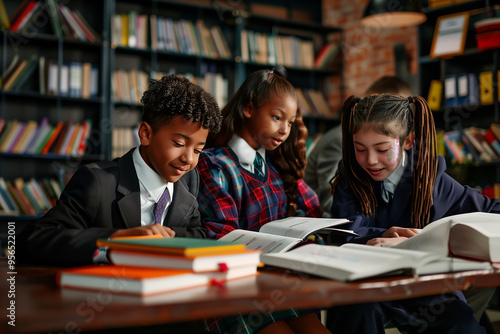 Group of diverse students in a school setting, focused on learning. Generative AI