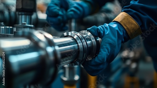 Steel fittings for hydraulic hoses Industrial worker in warehouse in manufacturing factory banner : Generative AI