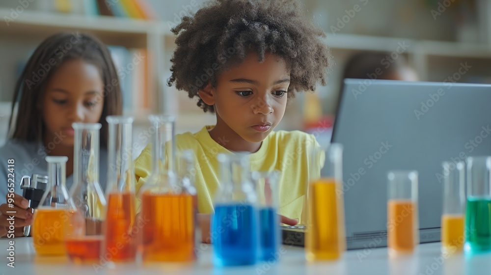 Students learning in science classroom Focused young students experiment with chemicals using flasks and test tubes with microscope and laptop on clean white desk in classroom : Generative AI Students learning in science classroom Focused young students experiment with chemicals using flasks and test tubes with microscope and laptop on clean white desk in classroom : Generative AI