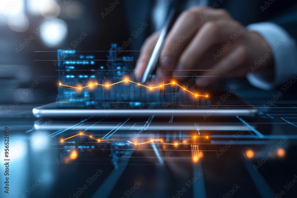 A closeup of a managers hand on a tablet, reviewing an ideal project timeline, with developers engaged in the background A closeup of a managers hand on a tablet, reviewing an ideal project timeline, with developers engaged in the background