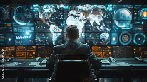 A man sits in front of a wall of monitors displaying complex data and a world map, suggesting global surveillance or control.