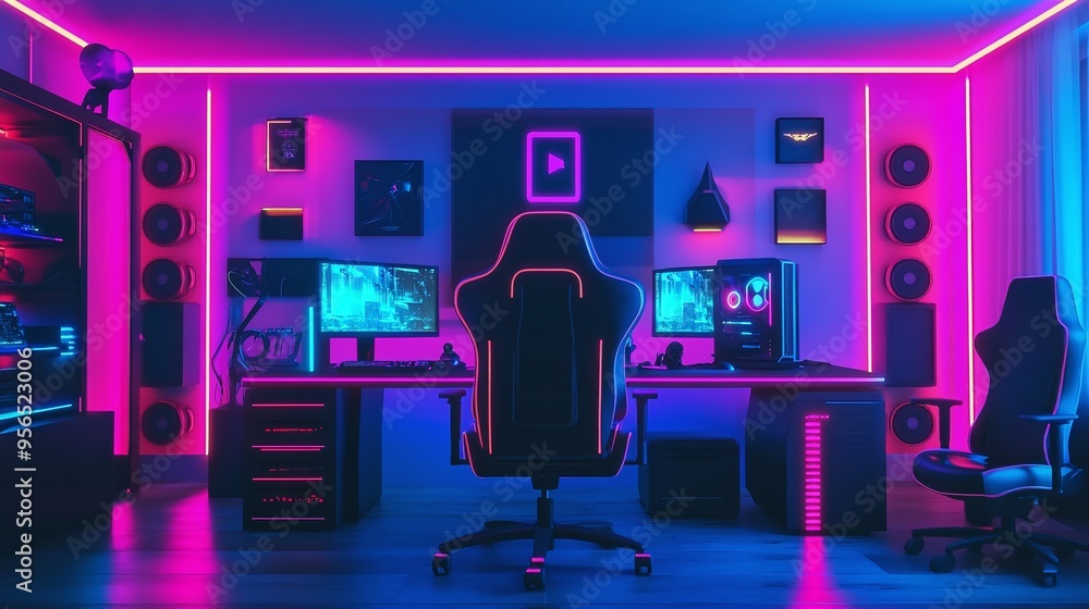Interior of gaming room with modern computer and neon lighting. Playing cyber games and online entertainment concept. Interior of gaming room with modern computer and neon lighting. Playing cyber games and online entertainment concept.