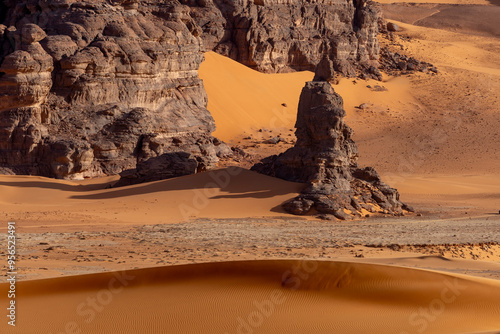 Sahara desert, sand, dunes and rocks in Algeria. Surrounding of Djanet. Place of Sahara named Moul Ennaga