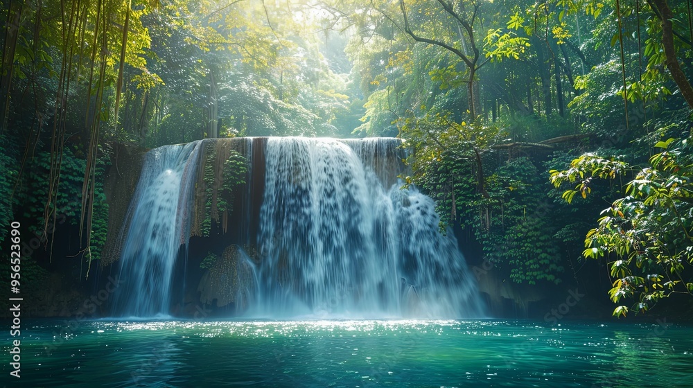 Lush Green Foliage Surrounding a Tranquil Waterfall