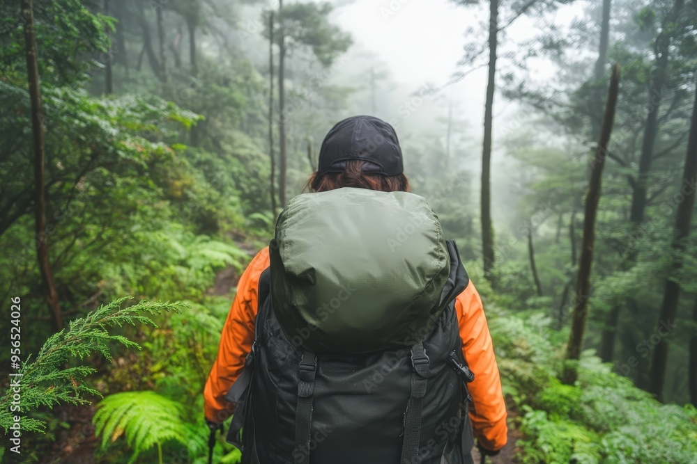 A Solo Backpacker Treks Through the Mysterious Misty Forest on an Adventurous Journey of Discovery and Connection with Nature. A Solo Backpacker Treks Through the Mysterious Misty Forest on an Adventurous Journey of Discovery and Connection with Nature.