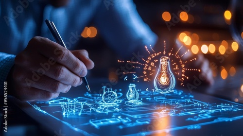 A team of developers presenting their ideal product concept to a manager, with detailed sketches and notes on a board