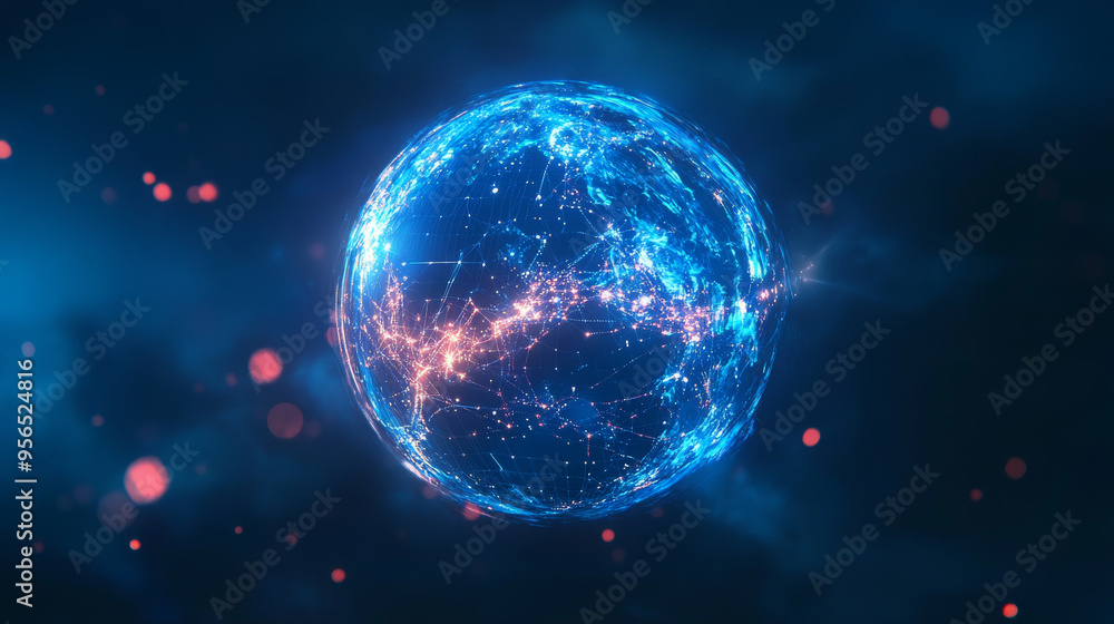 Fototapeta premium Digital 3D tech logo in the shape of a planet, representing global networking. 