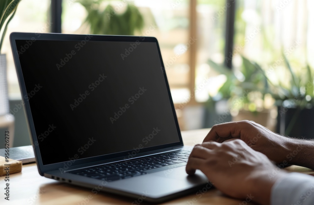 Laptop with blank screen on a desk Laptop with blank screen on a desk