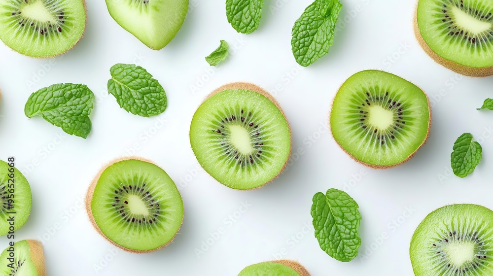 Slices of kiwi and mint leaves arranged on a white surface for a fresh, vibrant presentation. Slices of kiwi and mint leaves arranged on a white surface for a fresh, vibrant presentation.
