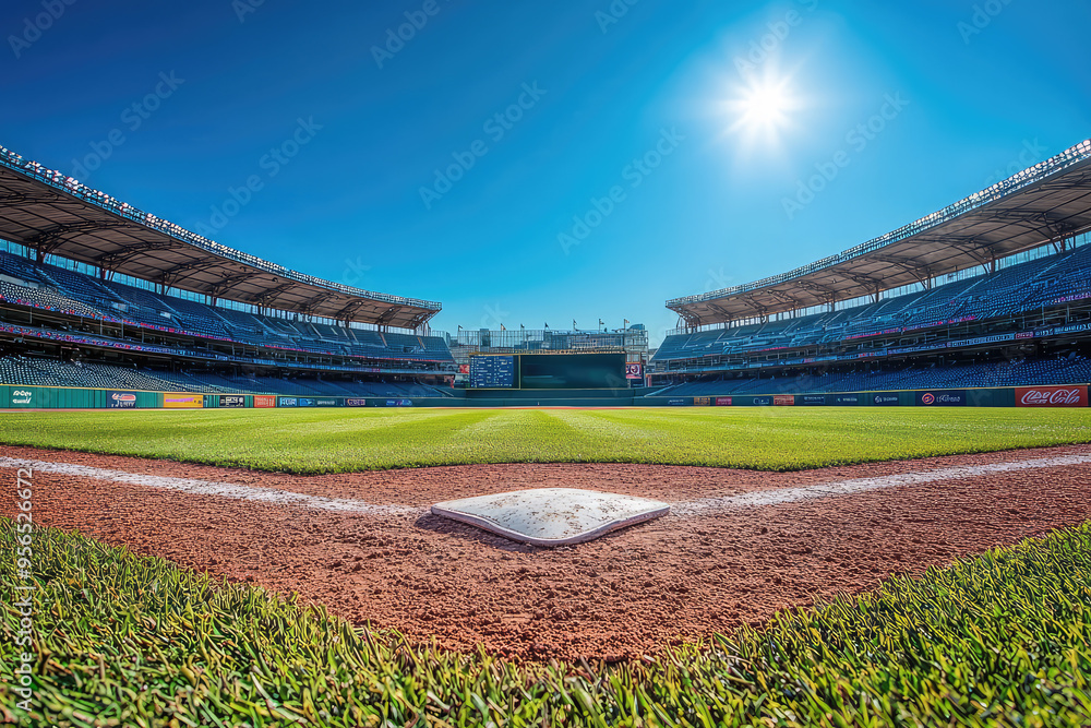 Obraz premium A View From Home Plate: A Baseball Stadium Bathed in Sunlight