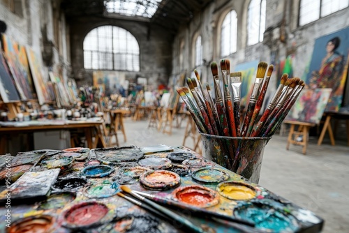 A busy art studio with numerous paintbrushes and colorful paint palettes, showcasing an artist's workspace filled with creative energy and various artworks in different stages.