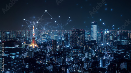 Modern cityscape with wireless network connections at night, symbolizing connection technology. 