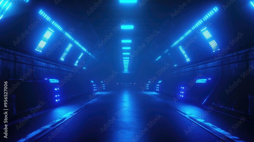 3D rendering of a dark abstract scene featuring searchlight rays neon blue highlights and illuminated tunnel elements against a dark background with spotlights 3D rendering of a dark abstract scene featuring searchlight rays neon blue highlights and illuminated tunnel elements against a dark background with spotlights