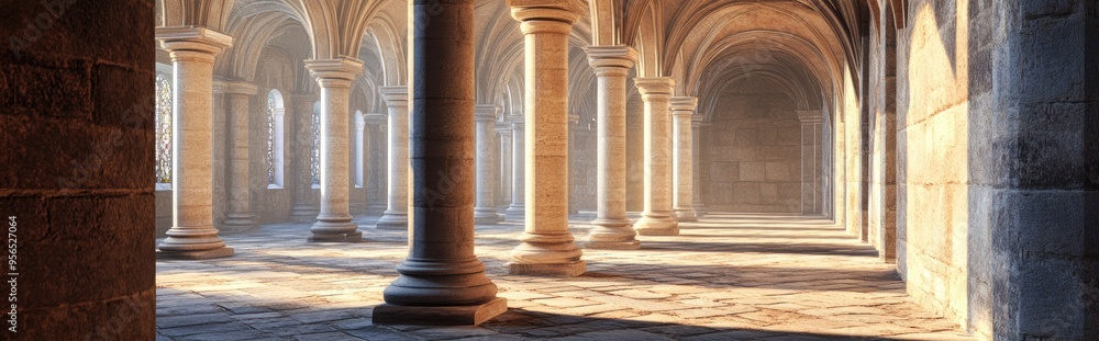 3D rendering of stone columns in a cathedral cloister 3D rendering of stone columns in a cathedral cloister