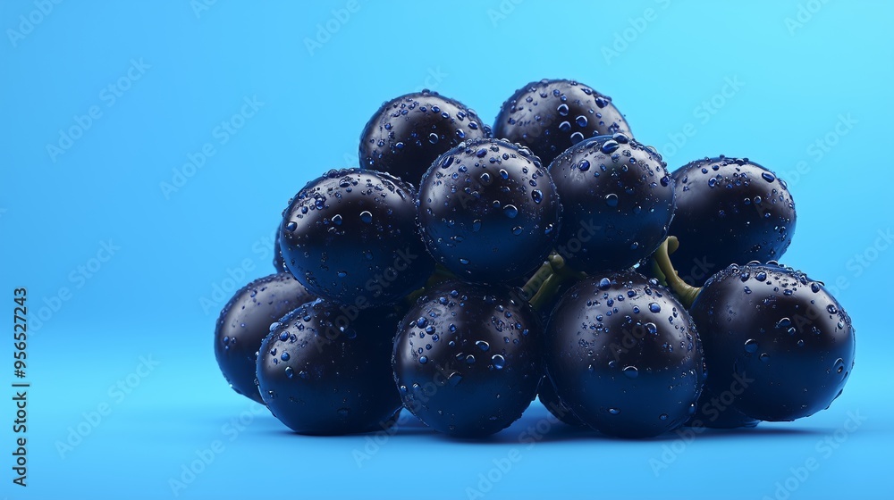 Glossy black grapes with dew shine against a vibrant blue backdrop, exuding freshness and allure. Glossy black grapes with dew shine against a vibrant blue backdrop, exuding freshness and allure.