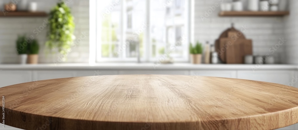 3D rendering of an empty beautiful round wooden tabletop in a clean and bright kitchen interior ideal for product display and montage 3D rendering of an empty beautiful round wooden tabletop in a clean and bright kitchen interior ideal for product display and montage