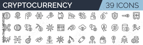 Set of 39 outline icons related to cryptocurrency. Linear icon collection. Editable stroke. Vector illustration