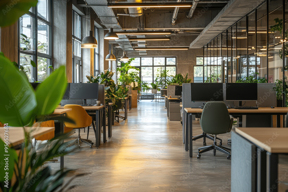 Fototapeta premium A glimpse into a modern, open-plan office, bathed in natural light, with sleek workstations and vibrant greenery, exuding a sense of collaboration and innovation.