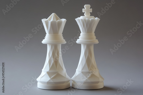 3d printed king and queen chess pieces in high detail white plastic photo