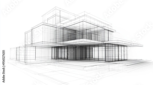 Fototapeta Naklejka Na Ścianę i Meble -  Abstract architectural structure Plan of contemporary residence Wireframe low poly mesh design 3D rendering