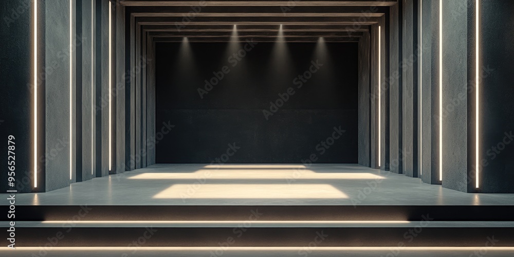 Empty fashion podium with a runway featuring a 3D rendering of a model stage design interior Empty fashion podium with a runway featuring a 3D rendering of a model stage design interior