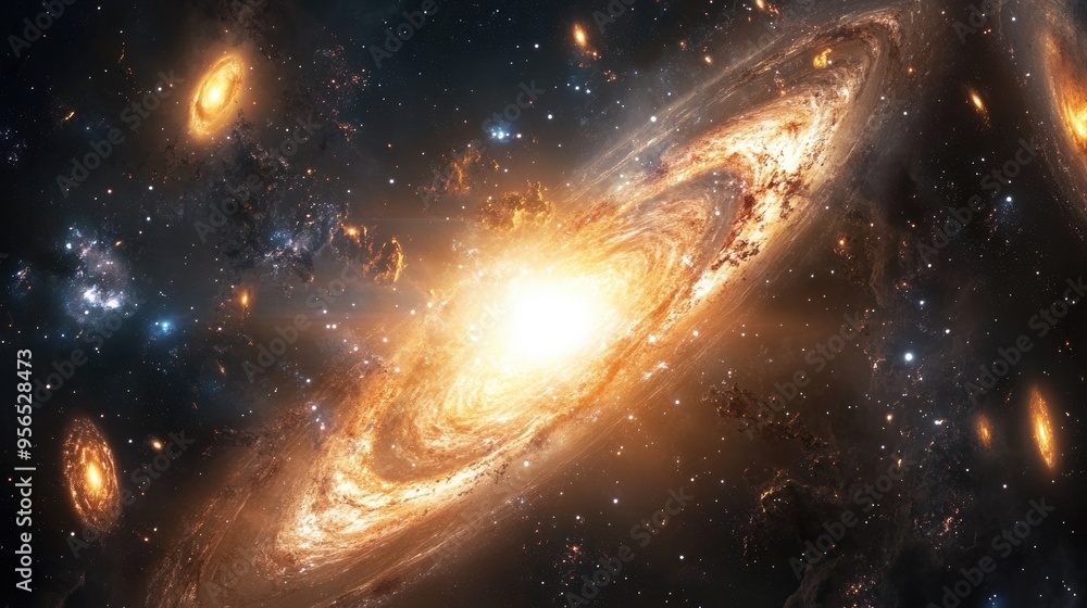3D cartoon depiction of galaxies flares and a starfield 3D cartoon depiction of galaxies flares and a starfield