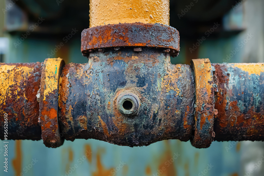 Time's Mark: A Rusted Industrial Pipe Junction Tells a Story of Wear and Tear. Time's Mark: A Rusted Industrial Pipe Junction Tells a Story of Wear and Tear.