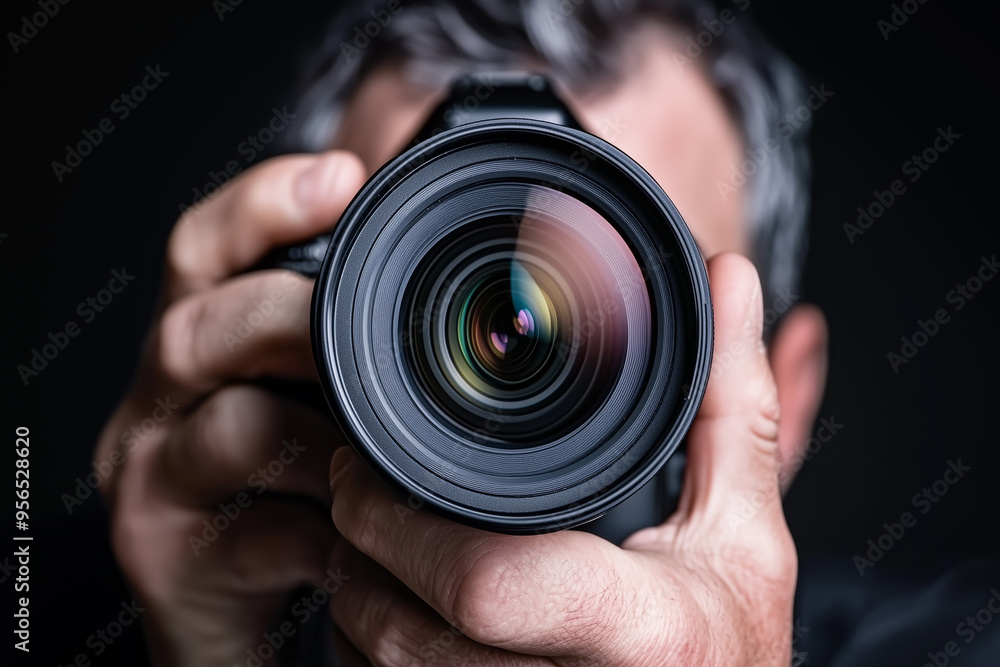 A man is holding a camera and taking a picture. The camera has a large lens and the man is looking through it. Concept of focus and determination as the man captures the moment A man is holding a camera and taking a picture. The camera has a large lens and the man is looking through it. Concept of focus and determination as the man captures the moment
