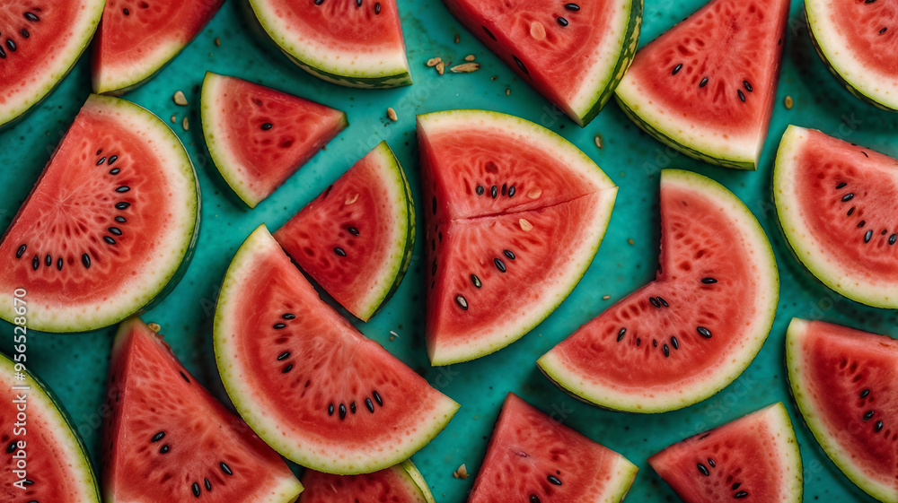 Fresh juicy chopped ripe watermelon into pieces, laid out on a green background Fresh juicy chopped ripe watermelon into pieces, laid out on a green background