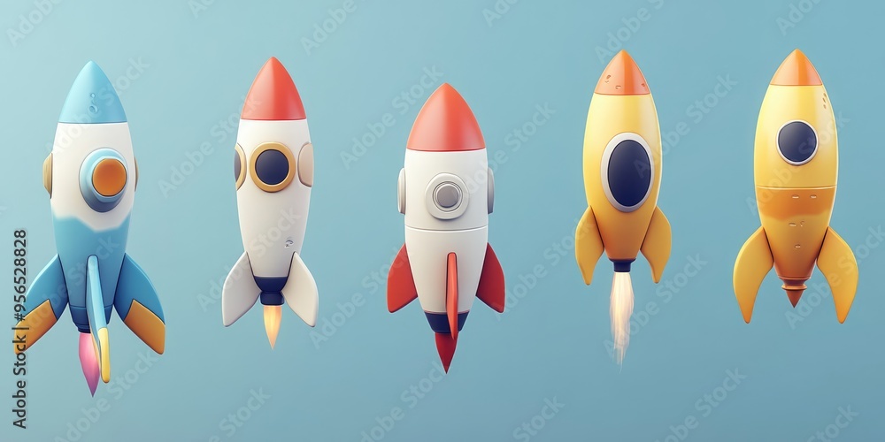 Rocket icon set illustration in 3D cartoon rendering Symbols and signs for startups featuring a rocket launcher icon