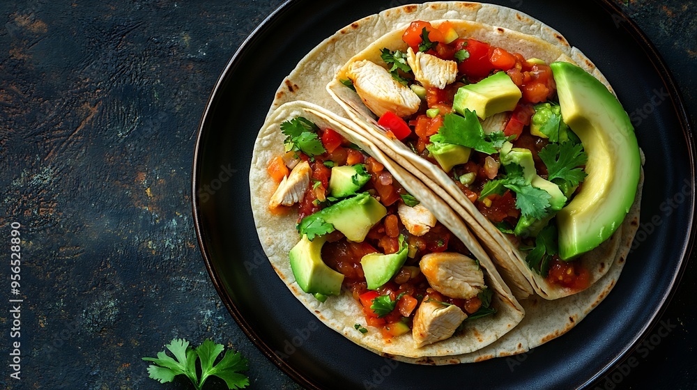 Mini tortillas with tomato salsa avocado and boiled chicken Top view : Generative AI Mini tortillas with tomato salsa avocado and boiled chicken Top view : Generative AI