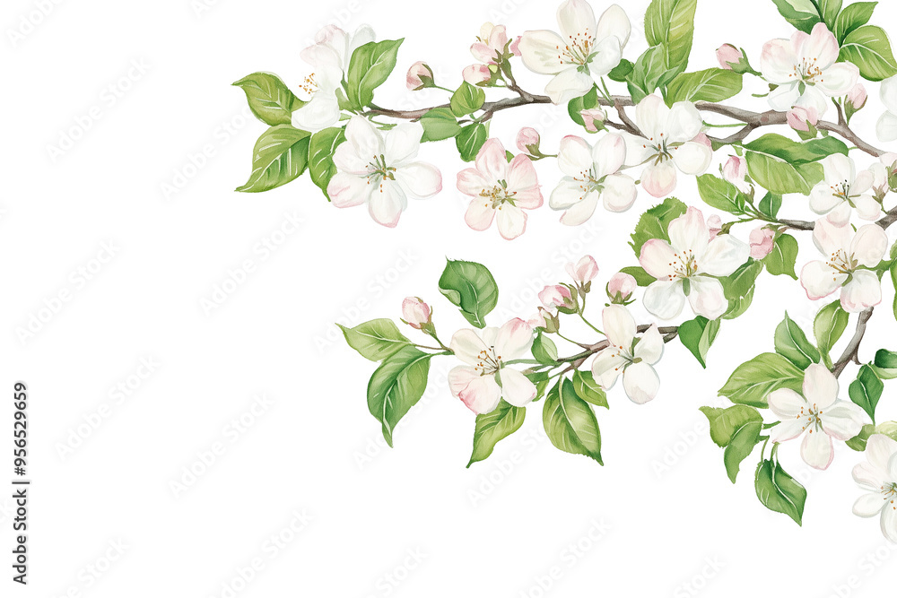 Apple blossom branch in a corner border, spring flowers in watercolor illustration on a transparent backdrop Apple blossom branch in a corner border, spring flowers in watercolor illustration on a transparent backdrop