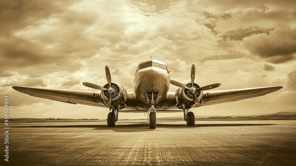 Fototapeta premium Wide vintage airplane in a sepia tone.