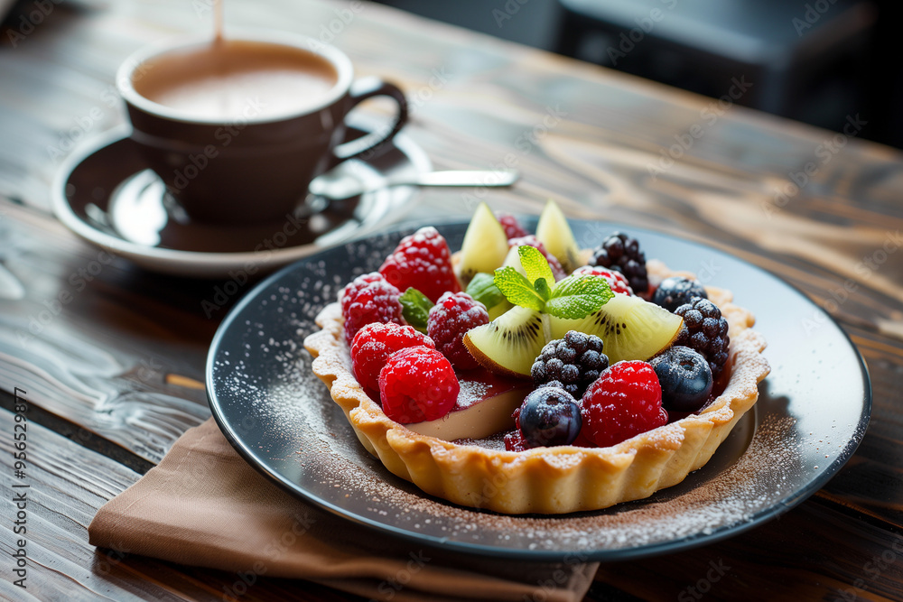 Fruit tart with a cup of hot chocolate in a cafe. Generative AI Fruit tart with a cup of hot chocolate in a cafe. Generative AI