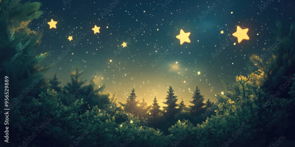 3D cartoon depiction of stars twinkling brightly over a forest 3D cartoon depiction of stars twinkling brightly over a forest