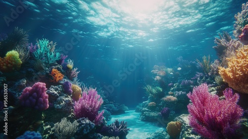 Underwater scene showcasing vibrant coral reefs and diverse marine life in a serene ocean environment