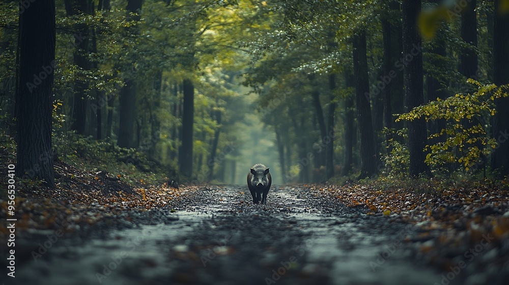 A forest road with a wild boar running through it : Generative AI A forest road with a wild boar running through it : Generative AI