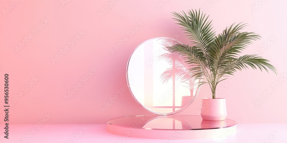 Round podium and glass screen on a pink background with a small palm tree Natural display Minimalist design 3D rendering Round podium and glass screen on a pink background with a small palm tree Natural display Minimalist design 3D rendering