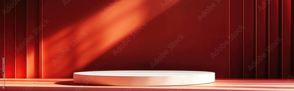 Obraz premium Abstract red background featuring a minimalist podium mockup ideal for modern displays or showcases created through 3D rendering