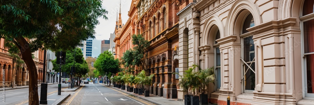 Obraz premium A picturesque urban street scene displaying historic buildings with elegant architecture, complemented by modern elements, blending past and present in a harmonious cityscape.