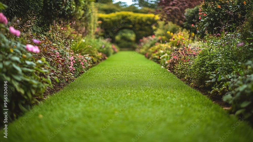 Obraz premium Scenic view of a lush green grass lawn path through a beautiful English style landscape garden with leafy plants and colourful flowers : Generative AI