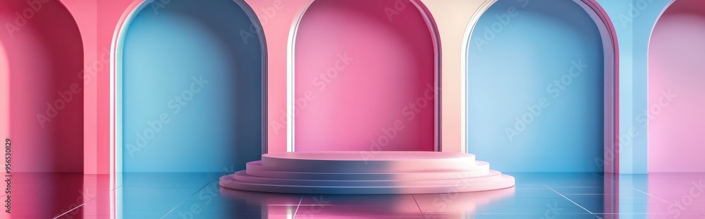 Obraz premium Gradient pink and blue interior featuring three round arches and a podium set against a reflective floor 3D illustration