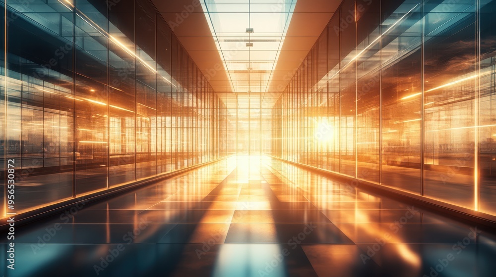 Modern business center interior with glass structure, tall windows, and cinematic lighting Modern business center interior with glass structure, tall windows, and cinematic lighting