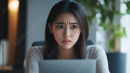 Asian woman on a video call, furrowed brow, looking confused as she listens, remote communication difficulties